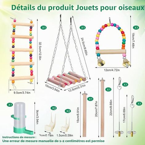 Perch 12 Pieces with Ladder, Swing, Hammock, Feeder  Toy, Cage Accessories, Wood, Hooks and Screws, for Cockatiel, Lovebird, Hamster (1/4)