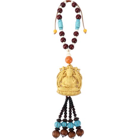 Ornement de Suspension Intérieur Bouddha en Bois de Buis Jaune, Décor Porte-Bonheur pour Voiture (1/5)