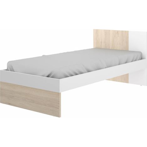 Lit enfant 90 x 190 cm coloris blanc /chêne - Longueur 97 x Hauteur 79 x Profondeur 196 cm -PEGANE- (1/3)