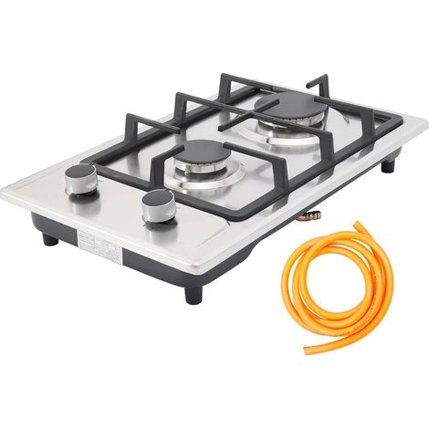Gasherd, Gaskocher 2 Flammig mit Gas Pipe und Pressure Reducing Valve, 3KW+1.75KW Gaskochfeld für Küche, Büro oder Camping, 2800 Pa Kochplatte Elektrisch für Propan und Erdgas (Silber)
