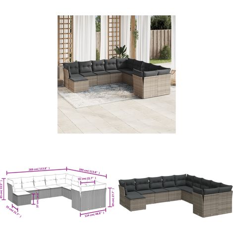 Salon de jardin 11 pcs avec coussins gris résine tressée - Salon De Jardin - Mobilier De Jardin - Canapé Extérieur - Set Salon De Jardin - Résine Tressée - Home & Living