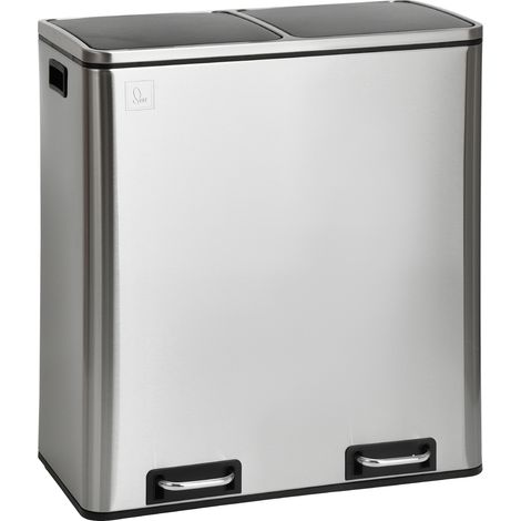 Svita – Poubelle à pédale 60 litres – 2 compartiments avec couvercles à fermeture douce – Acier inoxydable argent – Pour tri sélectif des déchets