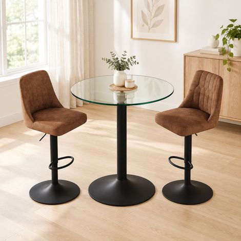 Bartisch-Set aus Glas, 89 cm, mit 2 drehbaren Barhockern aus braunem Stoff (1/5)