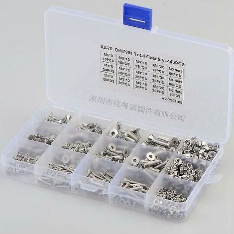Kit d'assortiment de boulons de câble à tête creuse en acier inoxydable M3 M4 M5, 440 pièces, Kit d'assortiment de vis de contre-écrou avec boîte de rangement
