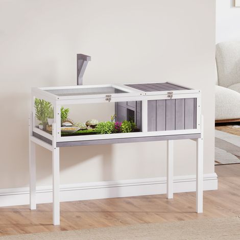 Casetta in legno per tartarughe con tetto in rete, vassoio rimovibile e portalampada, 104x53x82 cm, grigio e bianco