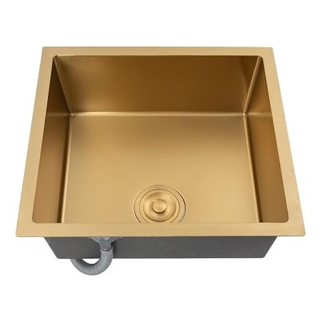 Évier de cuisine, en acier inoxydable, 50 x 45 cm, doré, encastrable, avec 2 tuyaux de drainage, 1 bac, rectangulaire (1/5)