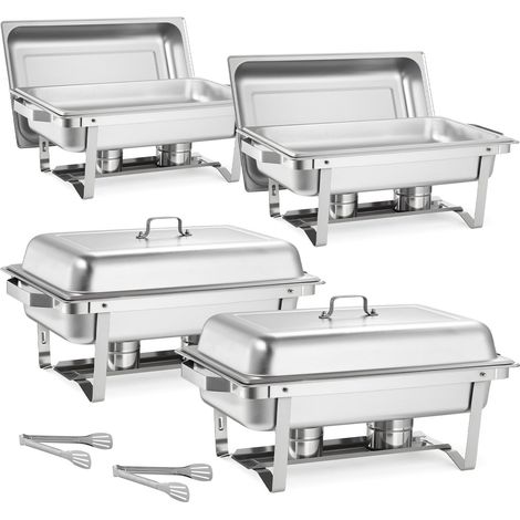Chafing dish rectangulaire, lot de 4, 9,91 L, en acier inoxydable. Ensemble complet comprenant : poignée creuse, 2 pinces, couvercle, porte-combustible. Idéal pour banquets, fêtes et mariages. (1/5)