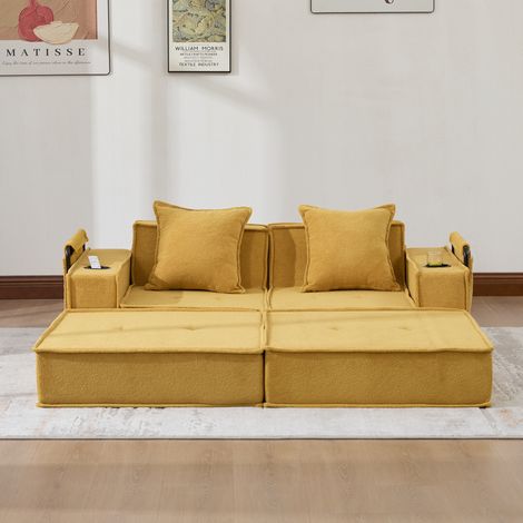 Sofá cama de 2 plazas en chenilla con 2 cojines, amarillo mostaza DESVIAE (1/5)