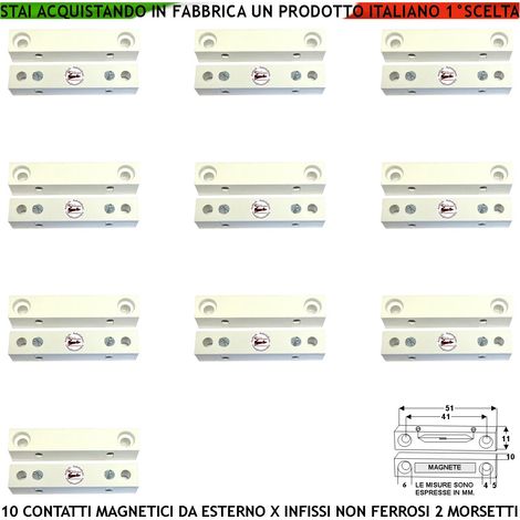 Rilevatore Magnetico Esterno 10 Pezzi Allarme Infissi Non Ferrosi Contatto Reed Uscita NC 2 Morsetti Sensibilità Magnetica 13mm Tensione Transito Max 30 V 0,5 A Carico Resistivo Cover ABS Bianco IP40 (1/2)