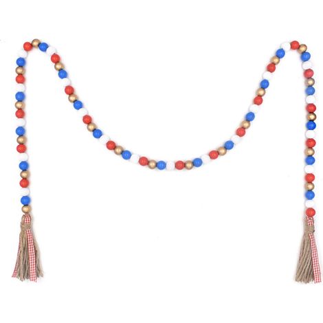 Pendentif En Bois - Guirlande De Perles Bois Avec Pompon En Corde - Décoration Murale Pour Fête Nationale - 1 Pièce (1/4)