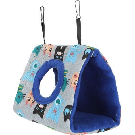 Nid douillet et moelleux, hamac suspendu en peluche pour hamster, perroquet et perruche, motif chat et fond bleu. (1/5)