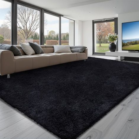 Alfombra de Pelo Largo de 3048 x 2438 mm, Mullida, de Triple Capa, 35 mm de Altura, para Salón, Dormitorio y Salón, Suave y sin Pelusa, de Estilo Atemporal, Fácil de Limpiar, Color Negro (1/5)