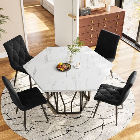 Ensemble de salle à manger avec table hexagonale effet marbre et 4 chaises en velours noir et chaleureux pour salle à manger (1/5)