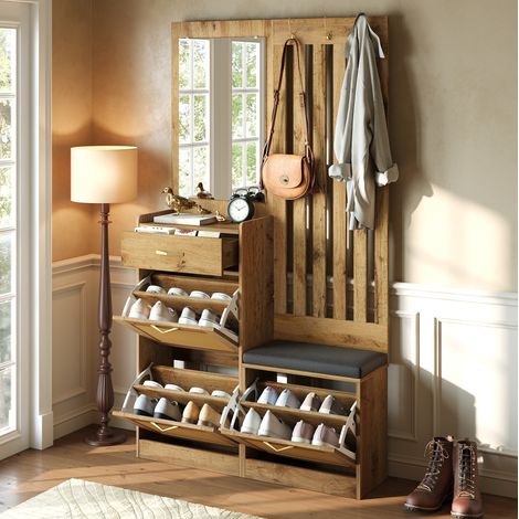 Vestiaire entree avec miroir, banc et meuble à chaussures, 99,5x26x180 cm, MDF naturel (1/5)