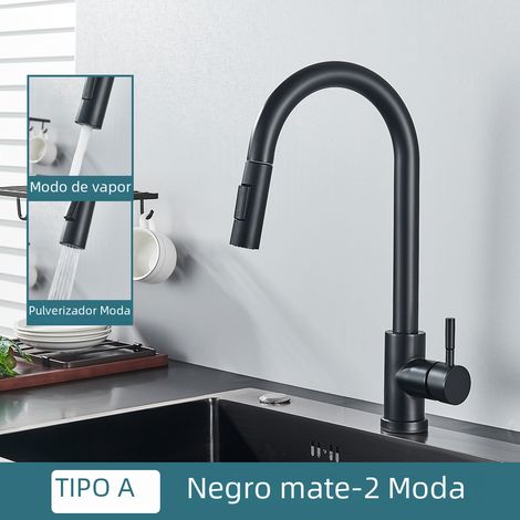 Robinet de cuisine double fonction en acier inoxydable noir, à poignée unique extractible, pour eau chaude et froide (1/5)