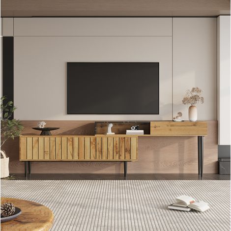 Mueble para TV de MDF y tablero de partículas color madera natural, diseño efecto mármol, patas de hierro y almacenaje (1/5)