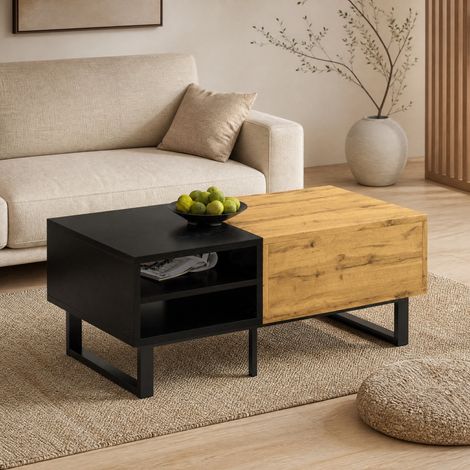 Table basse 100 x 50 x 40 cm avec 3 compartiments et tiroir, bois et noir DESVIAE (1/5)