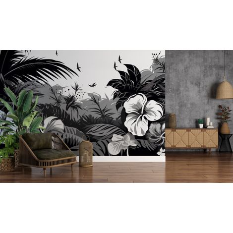 Papier peint nature - jungle tropicale en noir et blanc - 150 x 250 cm (1/2)
