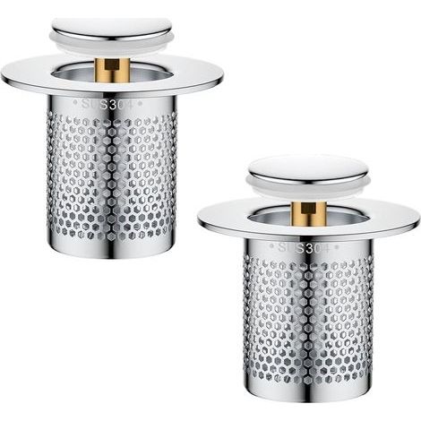 Set di 2 tappi di scarico per lavello da cucina in acciaio inox (5,5 x 5,5 x 5 cm), tappo di scarico retrattile per bagno e vasca da bagno. (1/5)