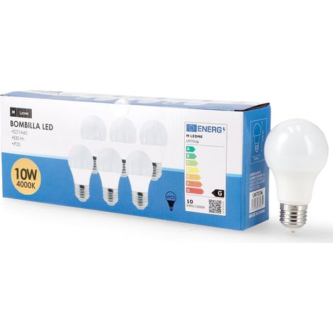 Pack de 6, Ampoule LED E27 A60 10W, Lumière Neutre (4000k), Douille E27, 820 Lumen, IP20, Ouverture Faisceau Lumineux 200°, Efficacité Énergétique et Faible Consommation. LM7611 (1/5)