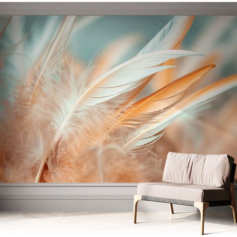 Papier peint adhésif décoratif avec colle pour salon chambre et bureau Installation rapide Plumes délicates 312x219 cm (1/5)