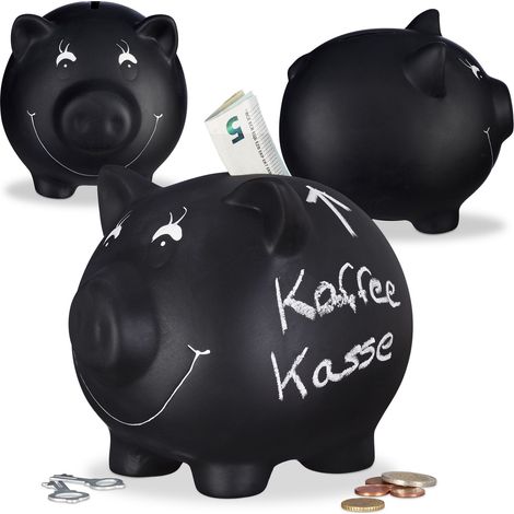 Lot de 3 Tirelire Cochon Ardoise Inscription Personnalisable Céramique Mariage Anniversaire Baptême HLP 14x17x13cm, Noir