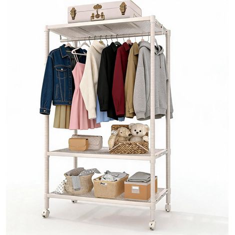Portant à vêtements sur roulettes 3 niveaux - Étagère de rangement en métal robuste - Tringles réglables, crochets latéraux - Idéal chambre, salon, buanderie, entrée - Couleur Ash, tringle triple couc (1/5)