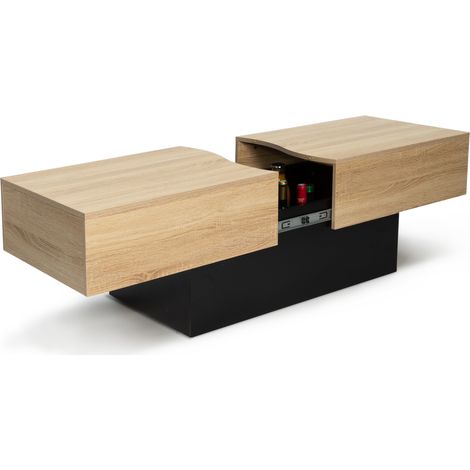 Idmarket – Table basse coulissante rectangulaire – Bois noir et imitation hêtre – Dimensions 120-171 x 50 x 43 cm – Rangement astucieux sous plateau