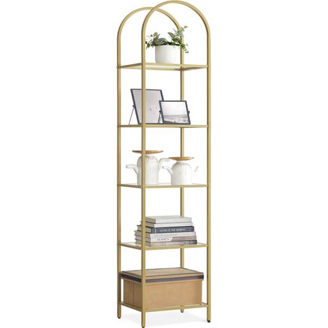 Bibliothèque 5 Niveaux, Étagère de Rangement en Verre Trempé, Dessus Arqué, Structure en Métal, pour Salon, Chambre, Bureau, Salle de Bain, Doré Métallique et Transparent LGT501A01 (1/5)