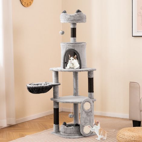 Grand Arbre à Chat Grande à Plusieurs Niveaux Poteaux et Planche à Gratter en Sisal Condo Perchoirs en Peluche Jouets Suspendus Hamac Gris (1/5)