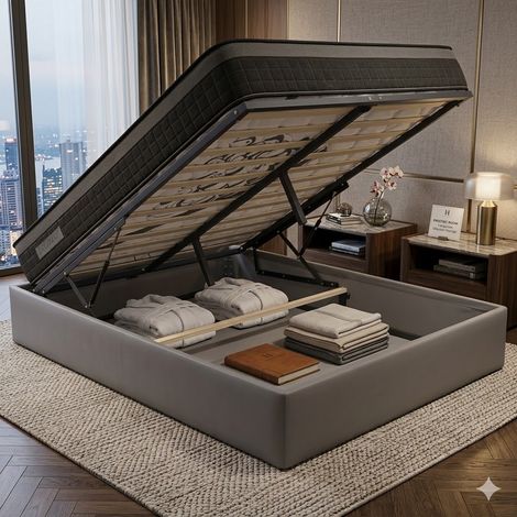 Ensemble Lit Coffre et Matelas 140x190 cm - Couleur : Gris - Sommier Relevable avec Grand Coffre de Rangement et Vérins Hydrauliques - Matelas Soutien Ferme 2 Faces de Couchage - Lit Coffre Déhoussabl (1/5)