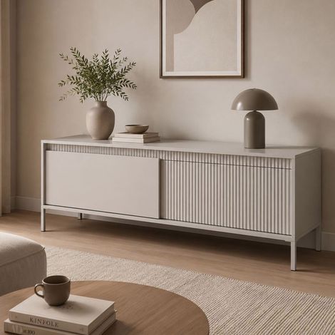Mobile Porta tv Kameza, un Ripiano, 2 Ante, Anta Effetto Rigato, 154x40x53h cm Beige (1/5)