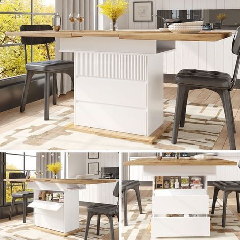 Table salle à manger 110x140x80, plateau MDF blanc Table extensible, rallonge intégrée, rangement intégré, surface anti-rayures (1/5)