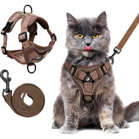 Harnais Chat avec Laisse, Ajustable de Sécurité Souple Harnais pour Chat, Filet Respirant Harnet Chats Anti Evasion avec Bande Réfléchissante, pour Chats, Chaton, Chiot(Café,S) (1/5)