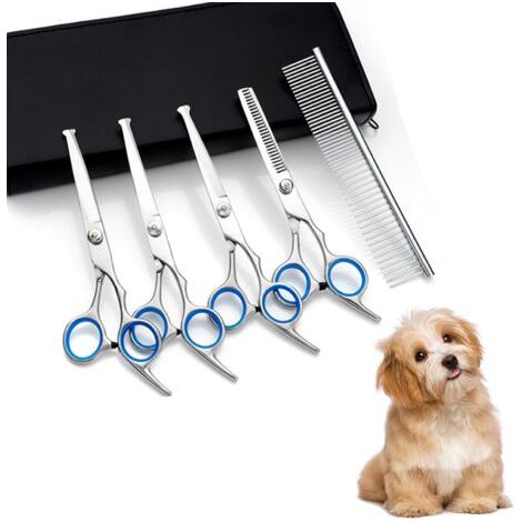 Ensemble de ciseaux pour chien Ciseaux professionnels pour salon de chien Ensemble de ciseaux pour poils de chien bleu (1/4)