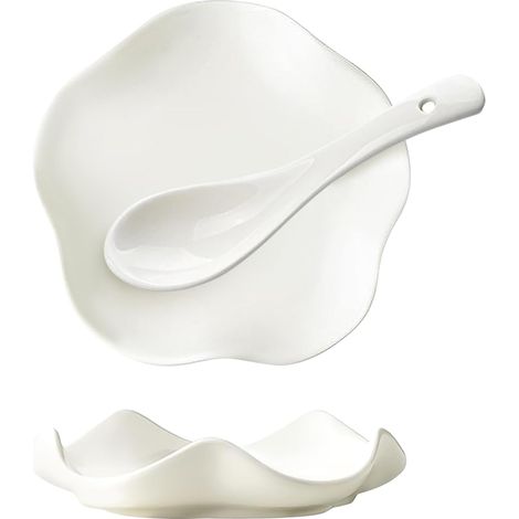 Set di 2 poggia-cucchiaio da cucina in ceramica, design moderno, diametro 13,5 cm, per cucchiai, spatole e mestoli (bianco)