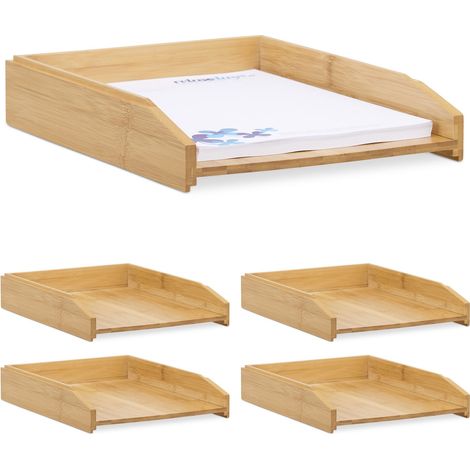 Relaxdays Set of 5 Document Filing Trays, Stackable, DIN A4 Letter Rack, Office, Desk, Bamboo, 6 x 25 x 33 cm, Natural