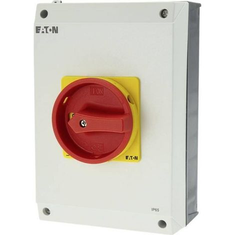 Eaton Interruptor principal, P3, 100 A, Montaje, 3 polos + N, Función PARADA DE EMERGENCIA, con empuñadura giratoria roja y anillo de bloqueo amarillo, bloqueable en posición 0, 207379