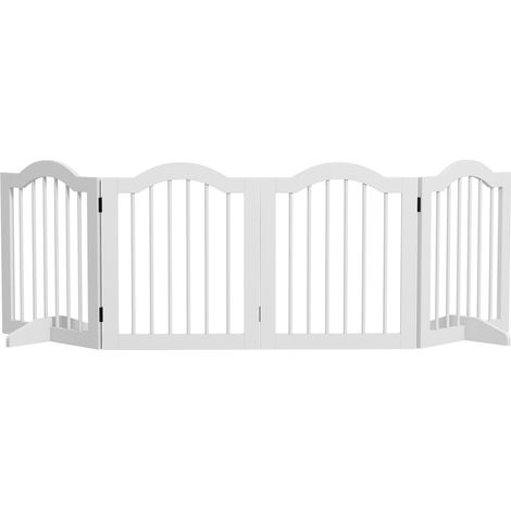 Barrière de sécurité 4 panneaux pliable pour chien, MDF/bois massif blanc, adaptée escaliers/couloirs/portes 203,5x29,5x61cm (1/5)