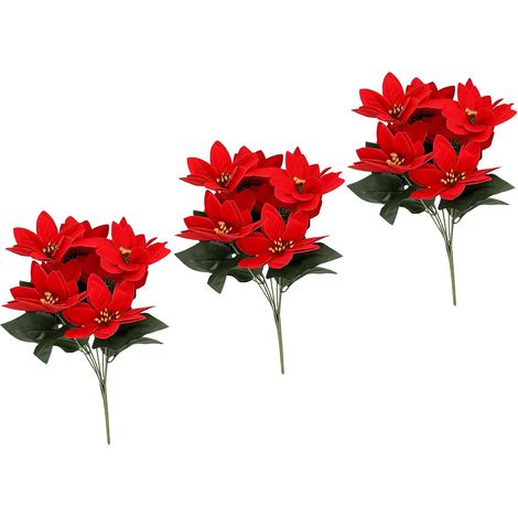 Artificial Red Christmas Poinsettia Flowers, 3 Pieces (Red) (1/5)