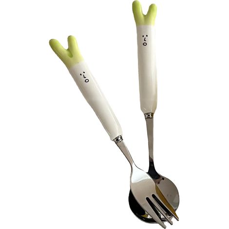 Ensemble de couverts en acier inoxydable et céramique léger, avec fourchette et cuillère à motif d'oignon vert mignon, pour le salon