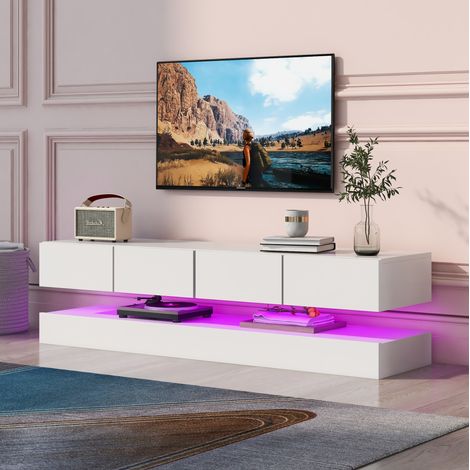 Meuble TV mural 130x33x15 cm blanc en MDF avec LED Bluetooth et 4 tiroirs (1/5)