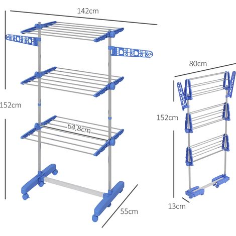 Étendoir à linge. 4 niveaux, pliable, système de pliage en un clic, 142 cm x 55 cm x 152 cm, bleu et argent (1/5)