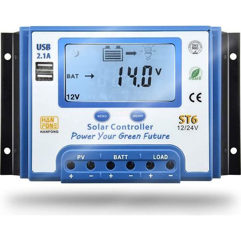 Controlador de carga solar AIDUCHO de 20 A y 12 V/24 V con pantalla LCD y doble puerto USB para baterías de paneles solares - St6-20a (1/5)