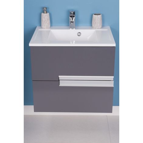 Grey 605mm Wall Hung Double Drawer Vanity Unit Basin (1/5)