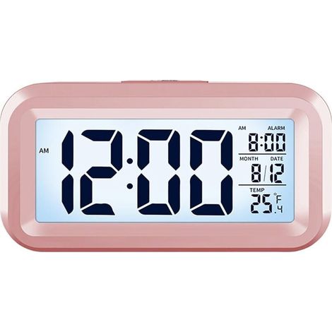 Réveil Numérique avec Grand Affichage LCD - Calendrier, Température, 12/24h, Veilleuse, Snooze - Compact, Silencieux, Portable - sur Piles - Rose (1/4)