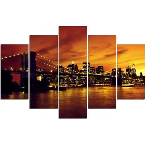 Stampa su tela 5 parti, Ponte di Brooklyn e Manhattan al tramonto - 100x70 (1/4)