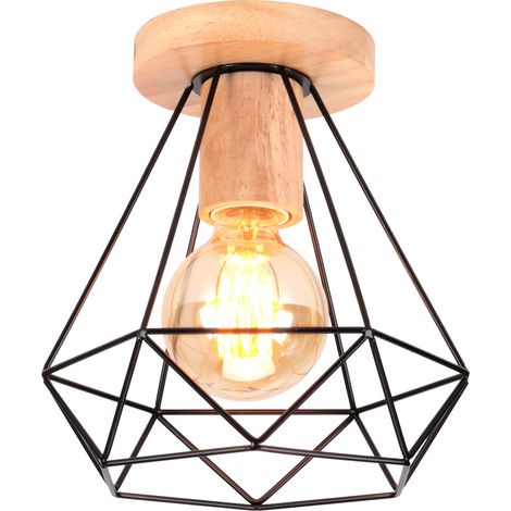 Lámparas Techo Moderna Plafones De Jaula De Madera De Metal Lampara Techo Retro Plafones De Interior Para Dormitorio Sala De Estar, Negro
