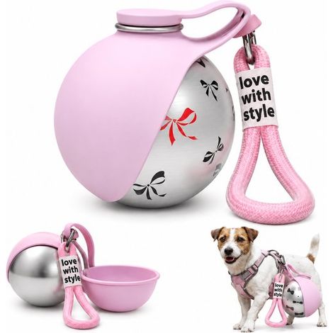 Bouteille d'eau pour chien 285 ml, en acier inoxydable avec gamelle pliable en silicone, étanche, pour randonnée et voyage, rose (1/5)