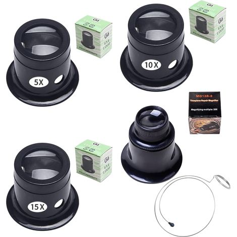 Lupas de joyero - 5 piezas portátiles 5X 10x 15x 20x con soporte de alambre para relojes, despertadores y reparaciones - Kit de lupa para uso ocular